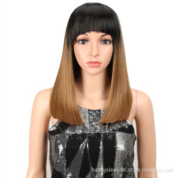 14Inches Short Bob Wig With Neat Bangs silk Straight Hair Extension None Lace Heat Resistant Fiber Synthetic Hair Wigs for women